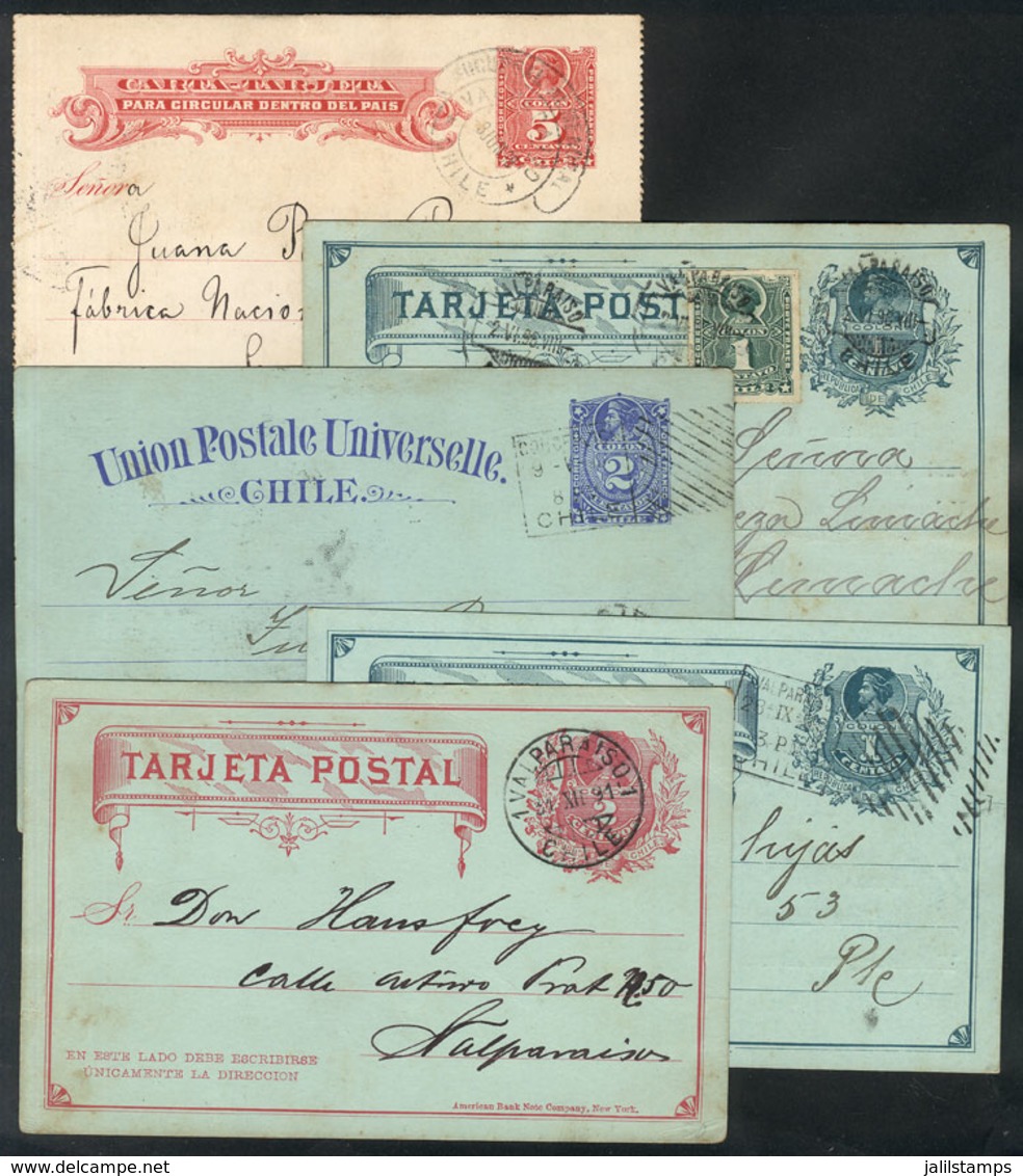 857 CHILE: 5 Postal Stationeries Used Between 1891 And 1901, With Some Interesting Cancels, Also: Ambulancia Entre Valpa - Cile