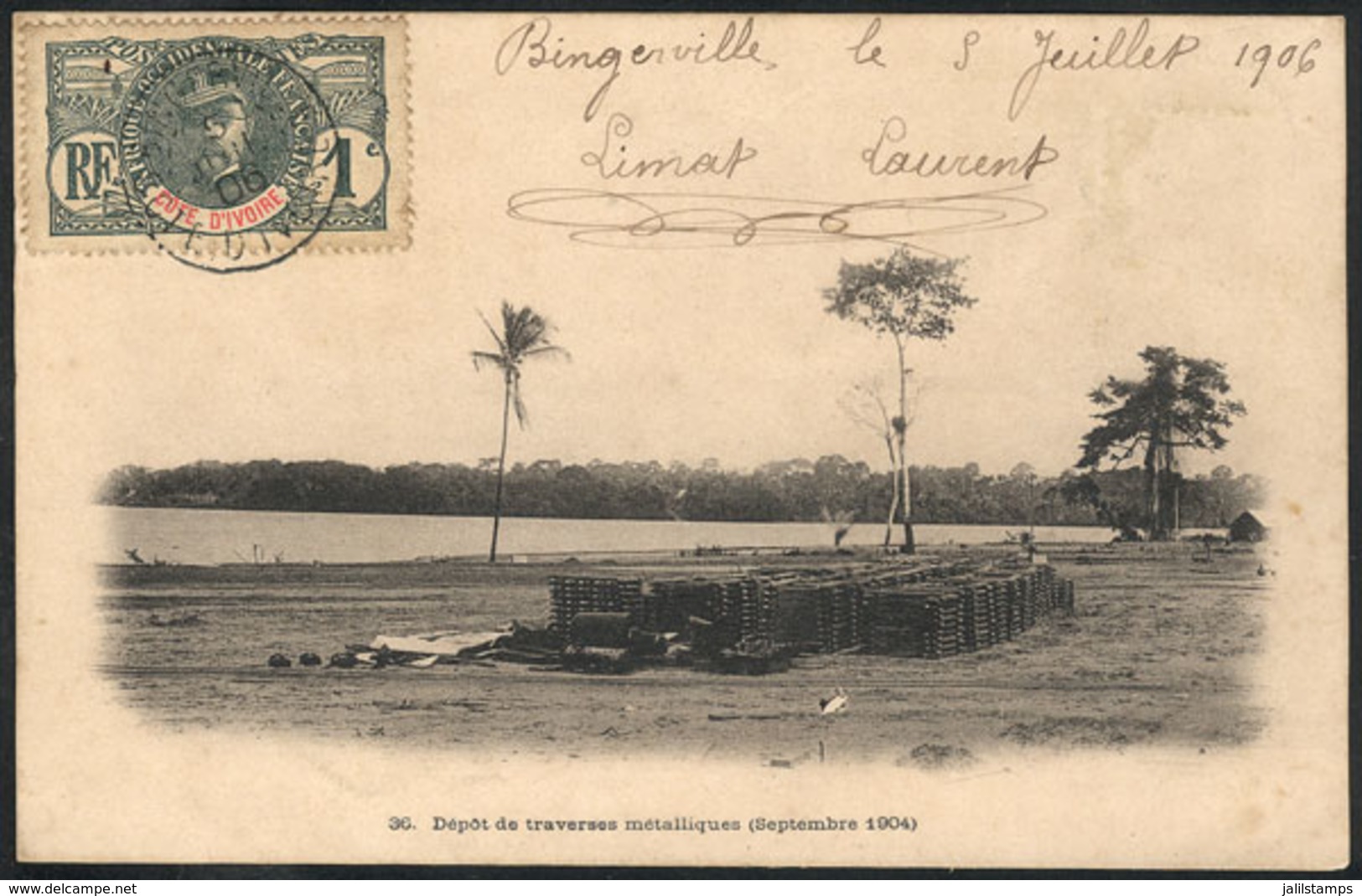 867 IVORY COAST: Postcard (Dépot De Traverses Métaliques, Septembre 1904) Franked By Sc.21 (1c.) And Sent From BINGERVIL - Storia Postale