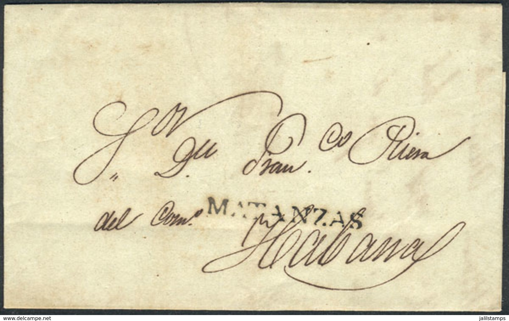 870 CUBA: Entire Letter Sent On 14/MAR/1839 To Habana, With Straightline "MATANZAS" In Black Very Well Applied, VF Quali - Andere & Zonder Classificatie