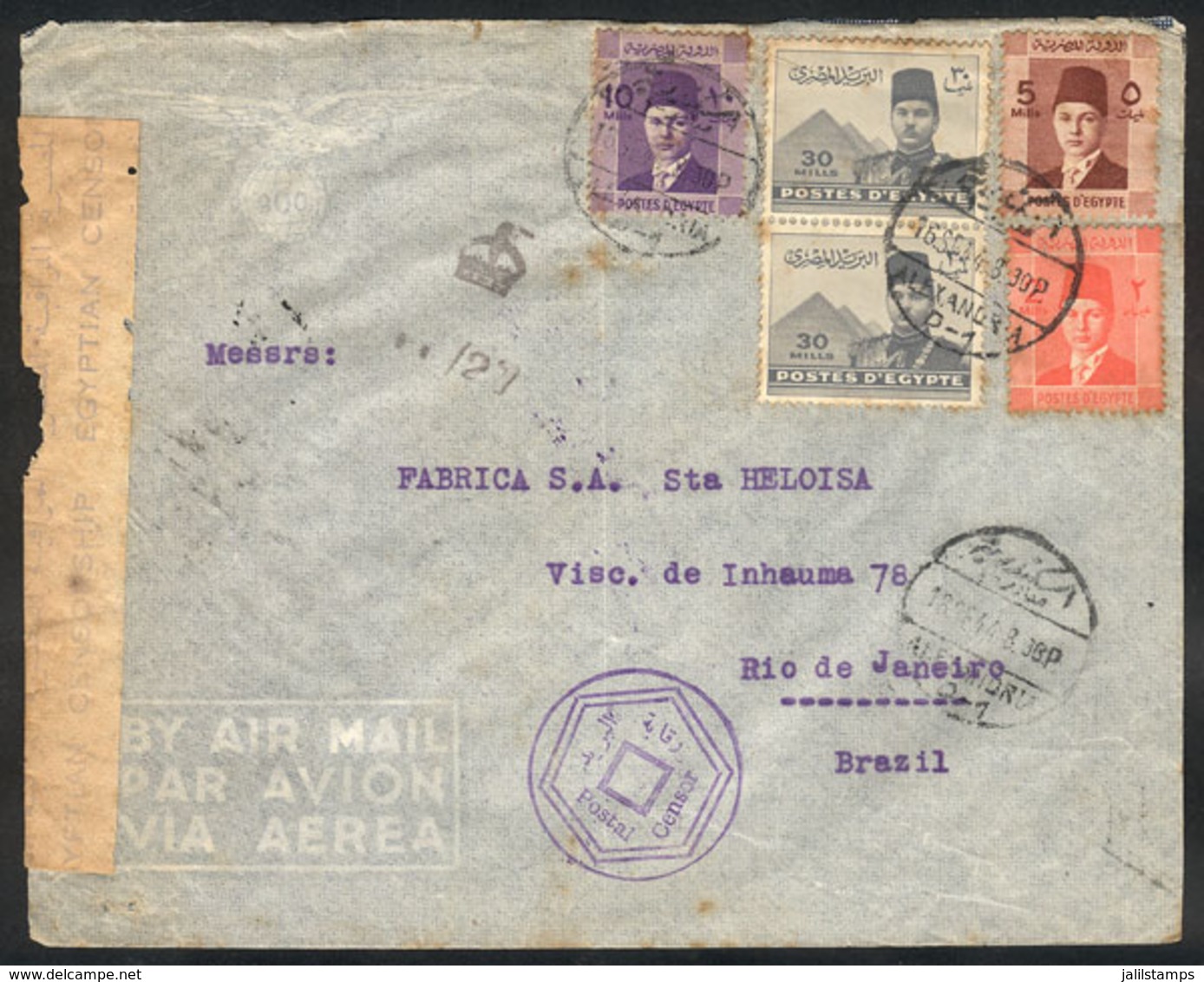 881 EGYPT: Airmail Cover Sent From Alexandria To Brazil On 16/SE/1944, Arrival Backstamp Of 22/AU, With Censor Marks And - Other & Unclassified