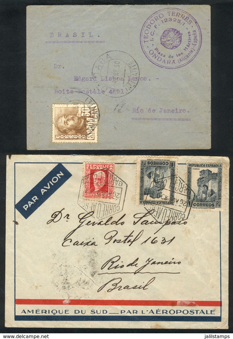 889 SPAIN: 2 Covers Sent To Brazil In 1933 (airmail, By Aeropostale) And 1950, Interesting! - Other & Unclassified
