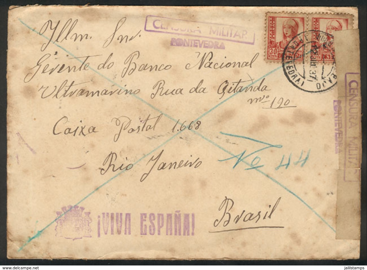 892 SPAIN: Cover Sent From Pontevedra To Rio De Janeiro On 12/JUN/1937, With Several Censor Marks And On Back A Hand-wri - Otros & Sin Clasificación