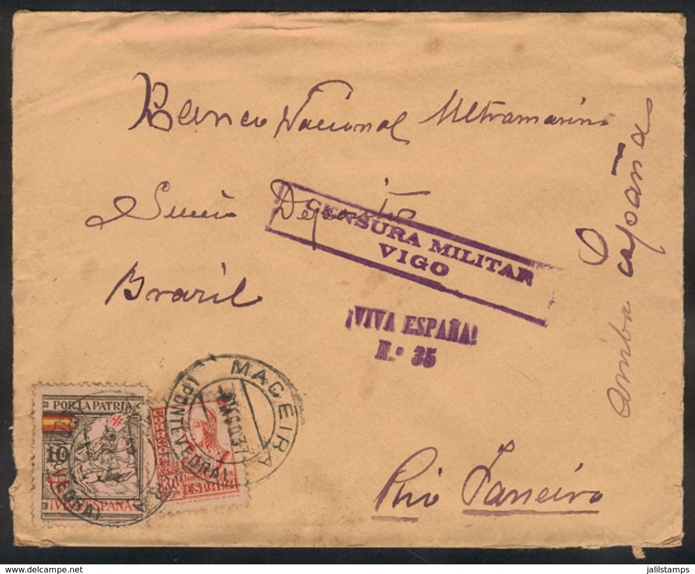894 SPAIN: Cover Sent From Maceira To Rio De Janeiro On 21/AU/1937, With Censor Marks, VF Quality! - Altri & Non Classificati