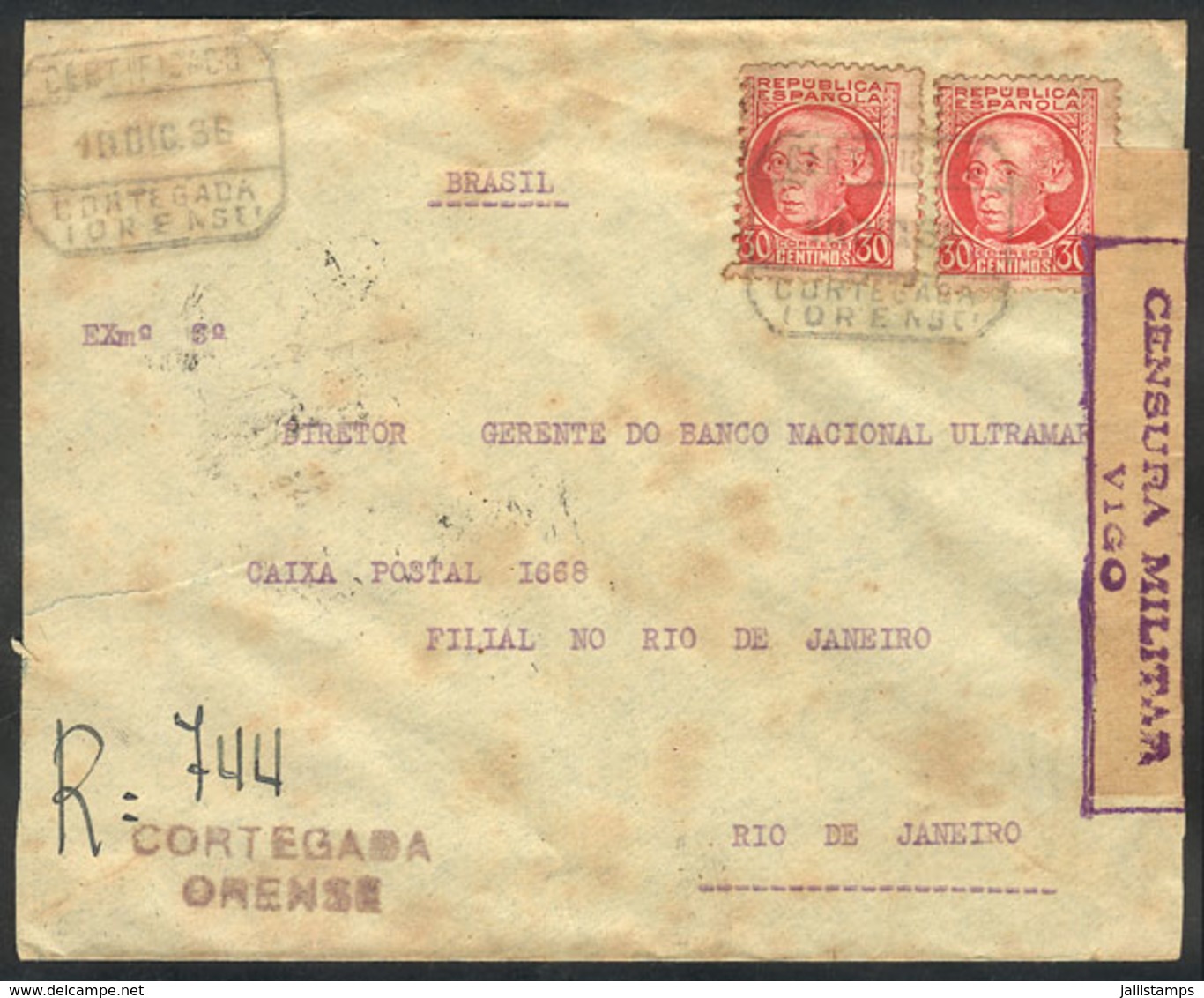 896 SPAIN: Registered Cover Sent From Cortegada (Orense) To Rio De Janeiro On 10/DE/1938, Censored, With Some Defects Bu - Other & Unclassified