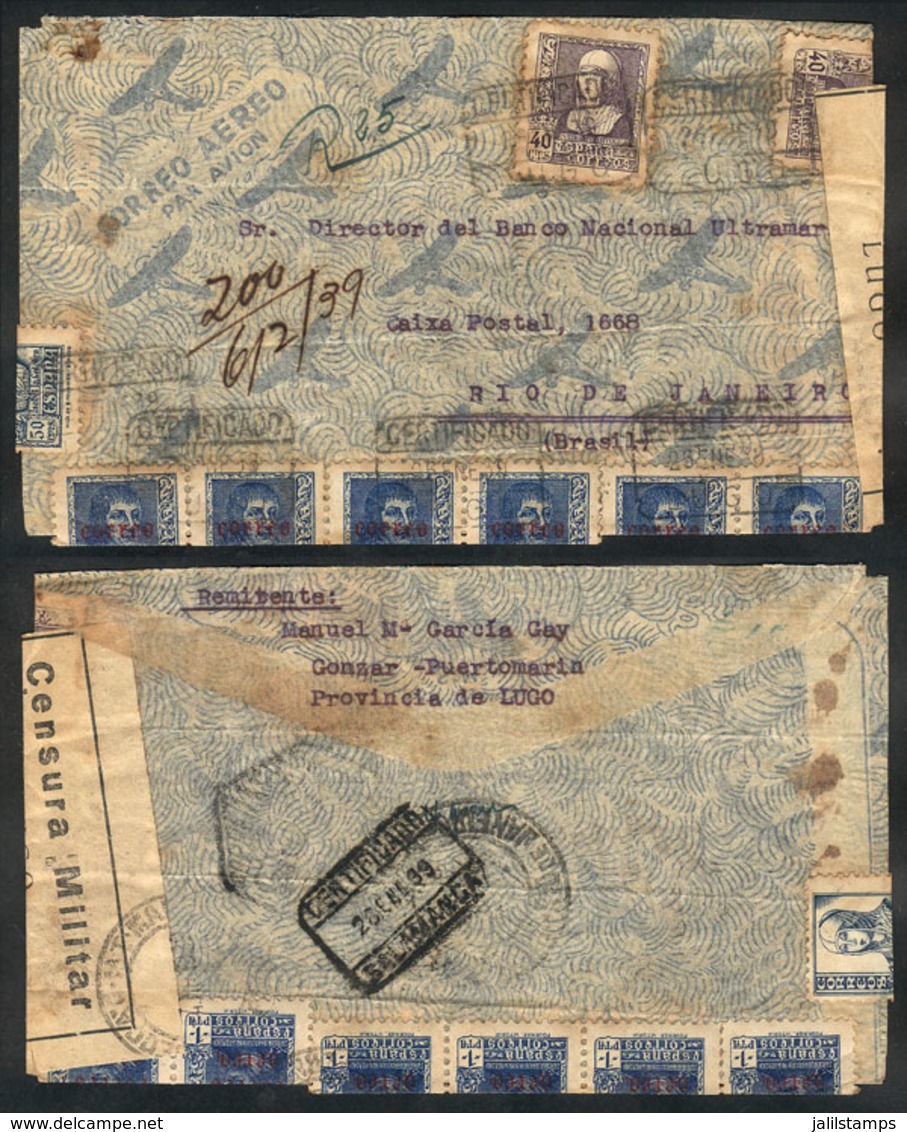 899 SPAIN: Registered Airmail Cover Sent From Lugo To Rio De Janeiro On 26/JA/1939 With Nice Postage And Interesting Cen - Altri & Non Classificati