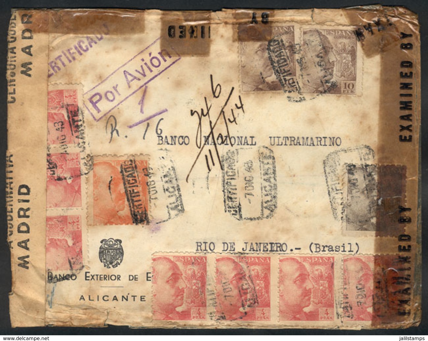 902 SPAIN: Registered Airmail Cover Sent From Alicante To Rio De Janeiro On 7/DE/1943, With Attractive Postage Of 47Ptas - Other & Unclassified