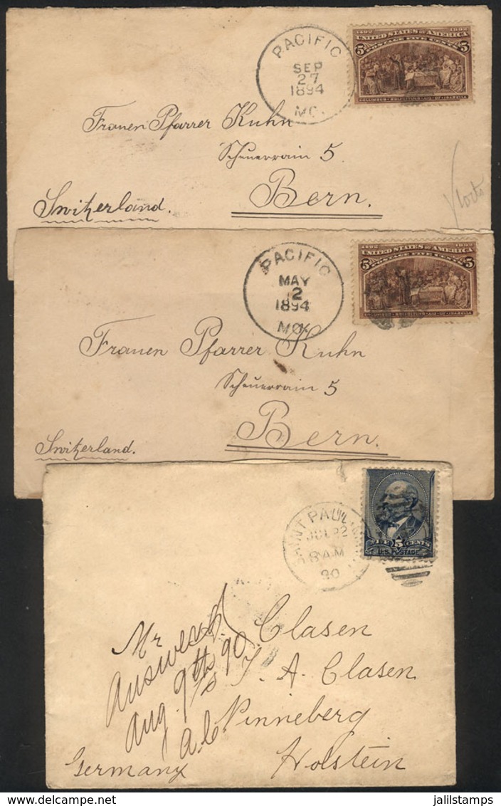 910 UNITED STATES: 3 Covers Sent To Germany And Switzerland Between 1890 And 1894 Franked With 5c., Interesting! - Storia Postale