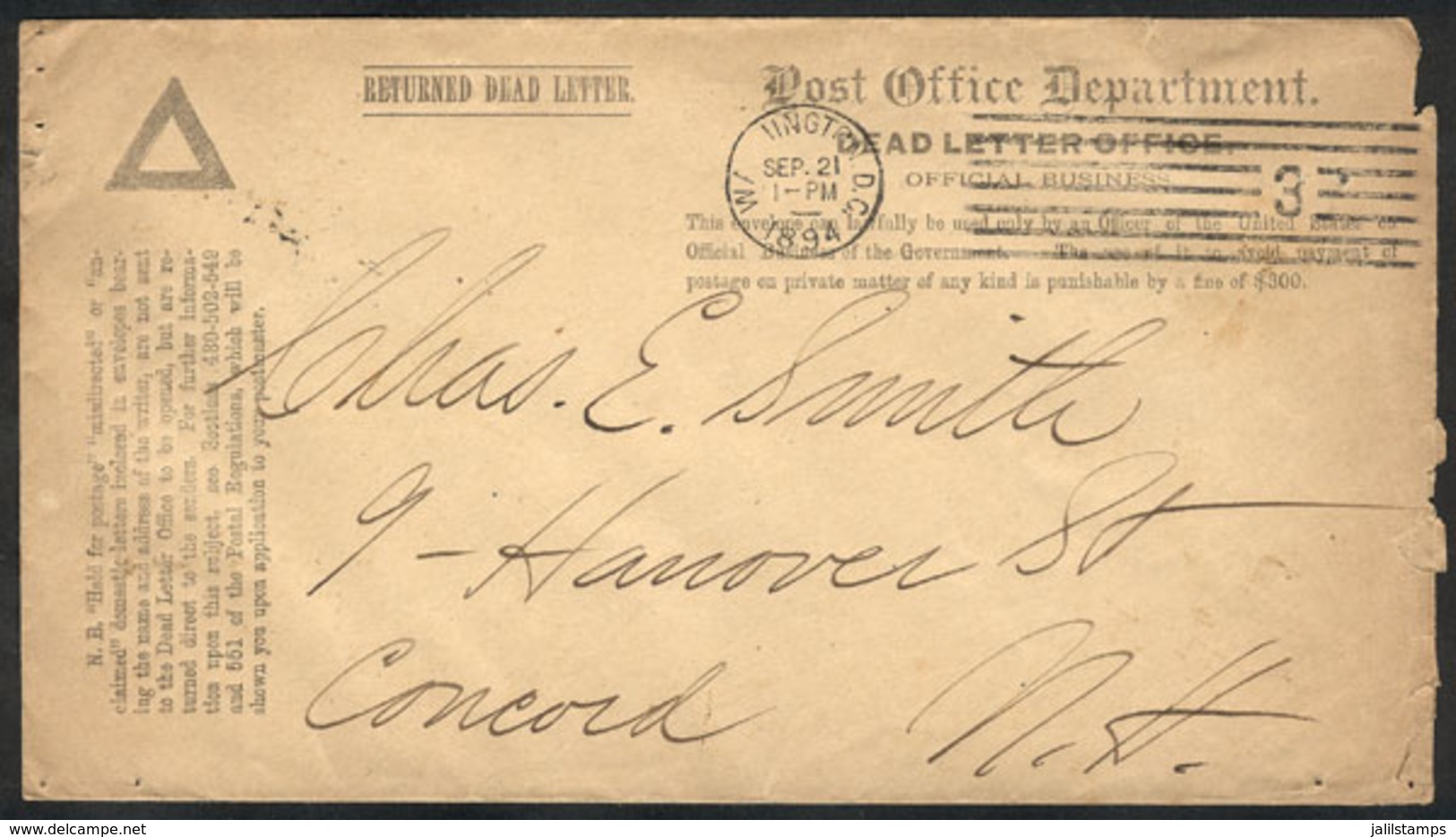 911 UNITED STATES: Official Cover Of The "Dead Letter Office" Sent From Washington To Concord On 21/SE/1894, VF! - Marcofilia