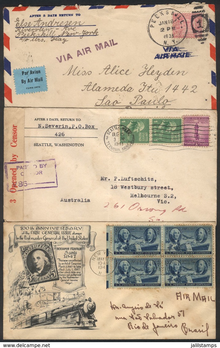 922 UNITED STATES: 3 Covers Sent To Brazil And Australia Between 1936 And 1947 With Interesting Postages And Censor Labe - Storia Postale
