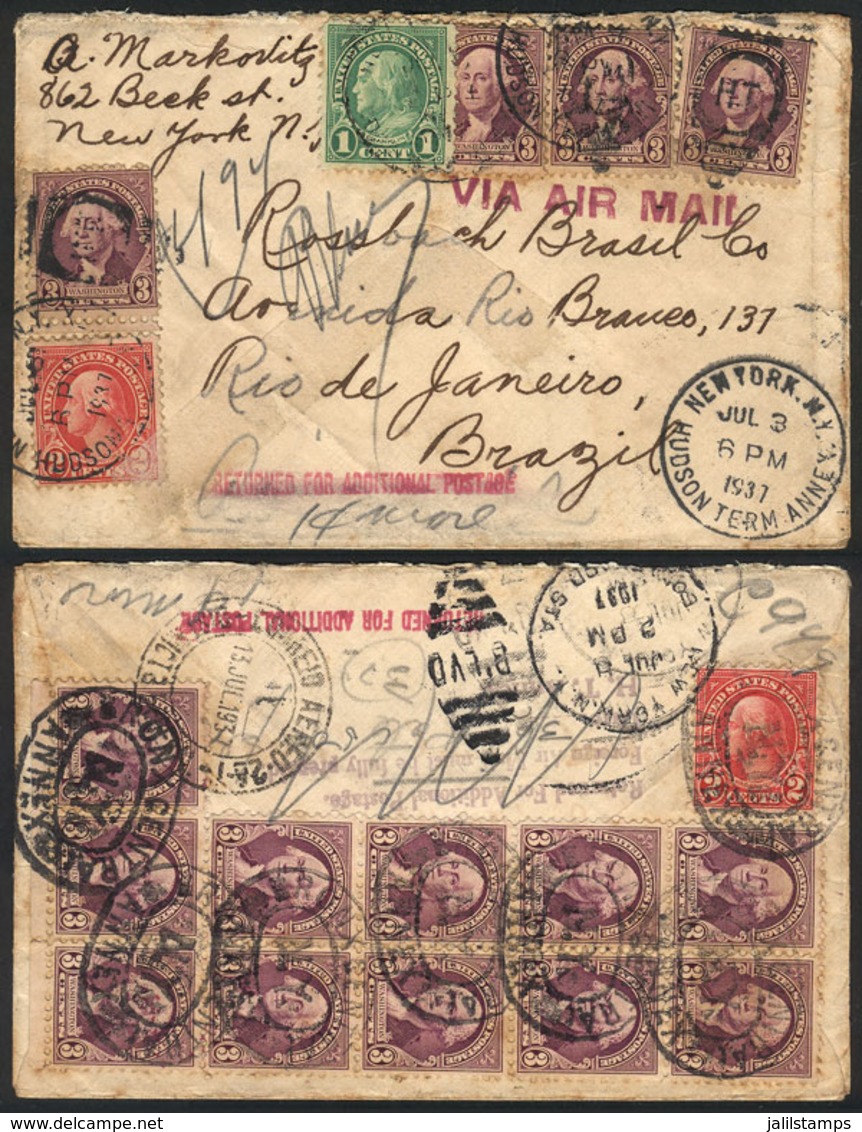 923 UNITED STATES: Airmail Cover Sent From New York To Rio De Janeiro On 3/JUL/1937, Interesting Postage On Front And Ba - Storia Postale