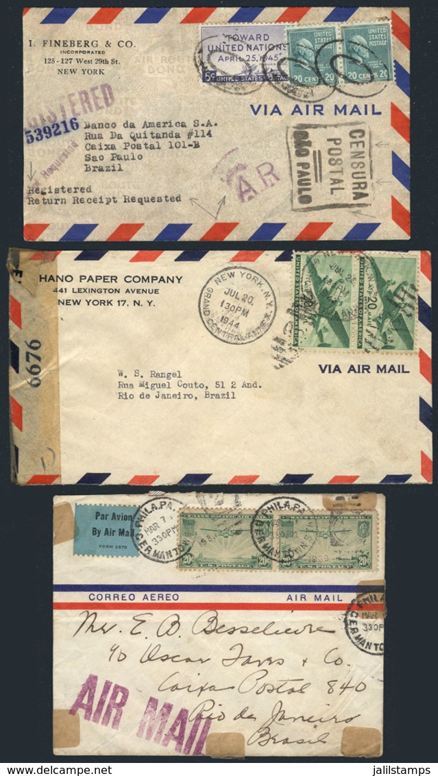 925 UNITED STATES: 3 Covers Sent To Brazil Between 1939 And 1945, Interesting Postages And Censor Marks, Including One W - Storia Postale