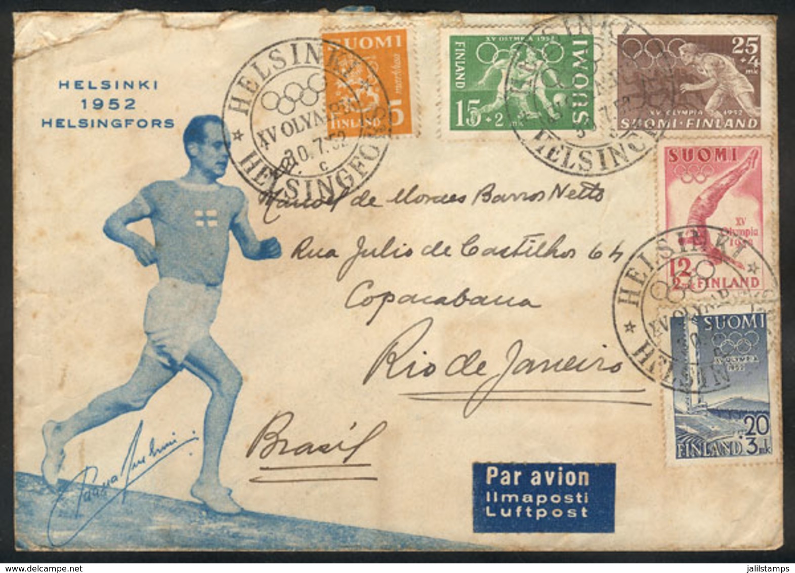 930 FINLAND: FDC Cover With The OLYMPIC Issue Sent From Helsinki To Brazil On 30/JUL/1952, Minor Defects, Very Nice! - Otros & Sin Clasificación