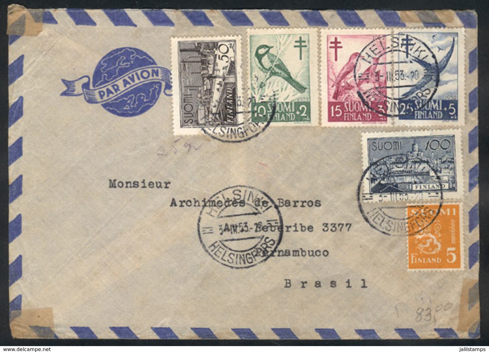 931 FINLAND: Airmail Cover Sent From Helsinki To Brazil On 3/MAR/1953 With Nice Postage! - Altri & Non Classificati