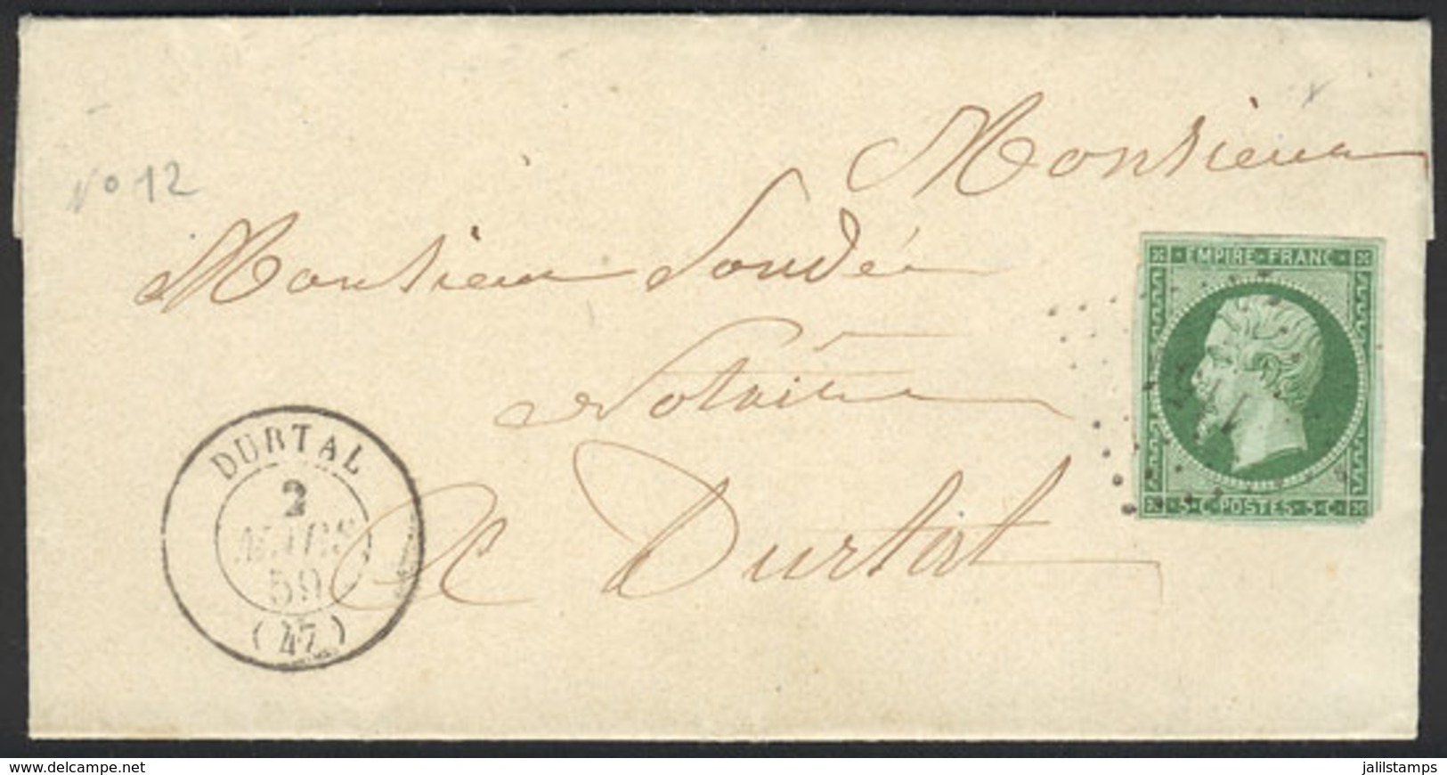 935 FRANCE: Entire Letter Sent To Durtal On 2/MAR/1859 Franked By Sc.12 ALONE, With "1154" Cancel Inside Dotted Rhombus, - Otros & Sin Clasificación