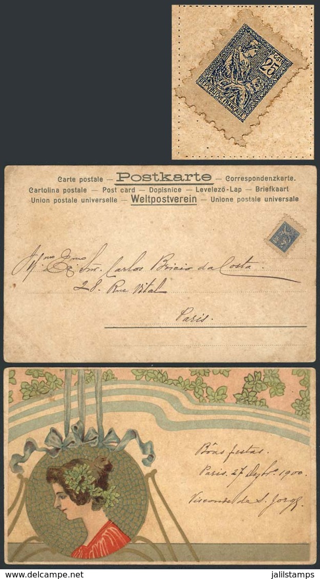 941 FRANCE: Beautiful PC Used In Paris On 27/DE/1900 With Interesting Small Cinderella Imitating A 25c. Stamp, VF Qualit - Andere & Zonder Classificatie