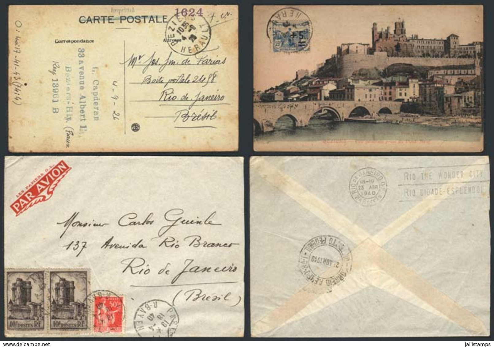 943 FRANCE: Postcard Sent To Brazil In 1920 + Airmail Cover Of 1940, Very Nice! - Altri & Non Classificati