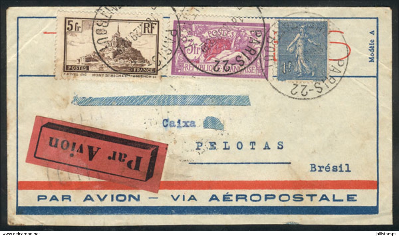 945 FRANCE: Airmail Cover Sent From Paris To Pelotas (Brazil) On 18/JUL/1930 Franked With 9Fr., The Details Of The Addre - Altri & Non Classificati