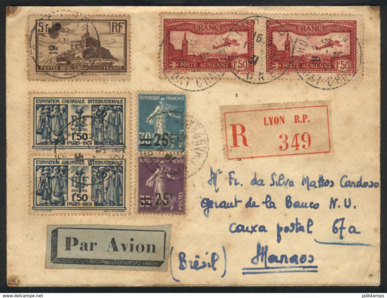 947 FRANCE: Interesting Registered Airmail Cover Sent From Lyon To Manaos (Brazil) In OC/1931 With Nice Postage, On Back - Altri & Non Classificati