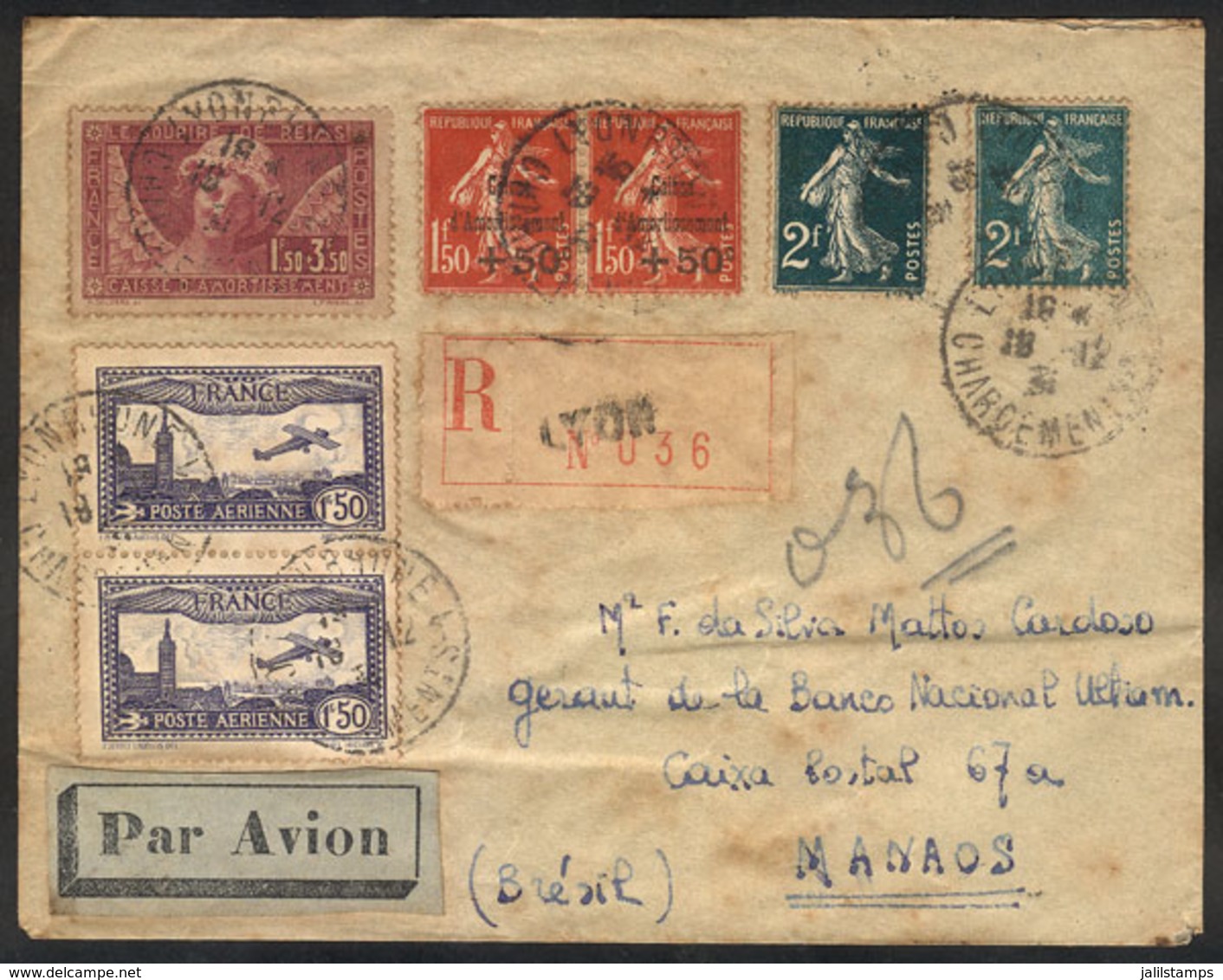 948 FRANCE: Registered Airmail Cover Sent From Lyon To Manaos (Brazil) On 18/DE/1931 With Spectacular Postage That Inclu - Andere & Zonder Classificatie