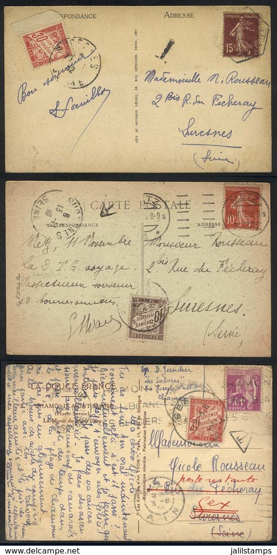 949 FRANCE: 3 Postcards Used Between 1932 And 1934, All With POSTAGE DUE Stamps, Interesting! - Altri & Non Classificati