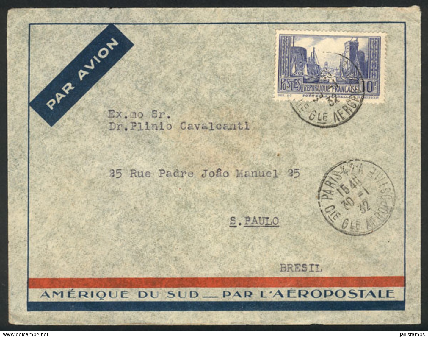 950 FRANCE: Airmail Cover Sent From Paris To Brazil On 30/JA/1932 Franked With 10Fr., VF Quality! - Altri & Non Classificati