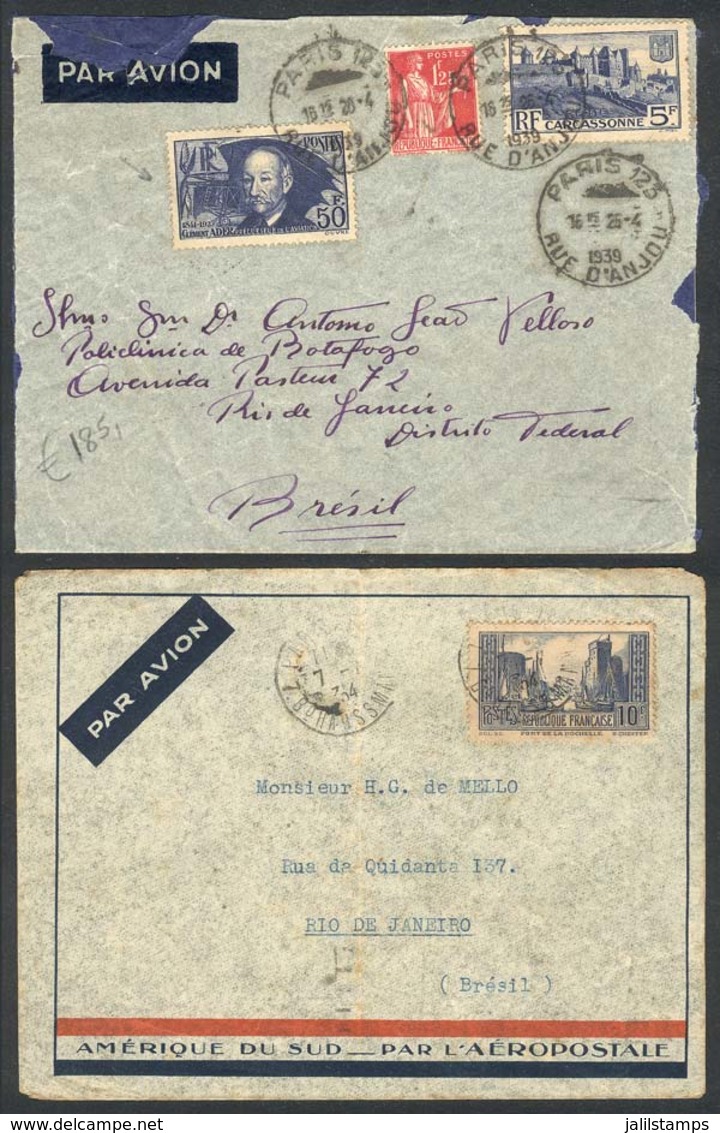 954 FRANCE: 2 Airmail Covers With Good Postages Sent To Brazil In 1934 And 1939, Minor Defects, High Catalog Value (appr - Altri & Non Classificati