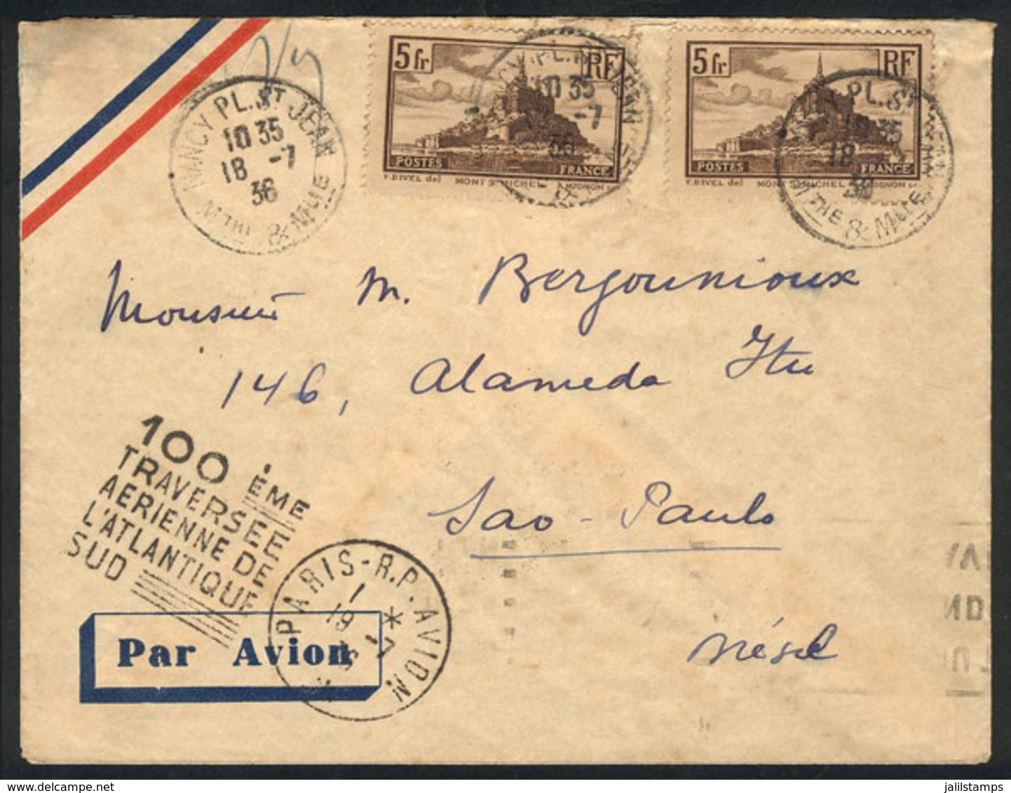 956 FRANCE: 18/JUL/1936 Nancy - Sao Paulo (Brazil): Cover Commemorating The 100th Crossing Of The South Atlantic By Air  - Altri & Non Classificati
