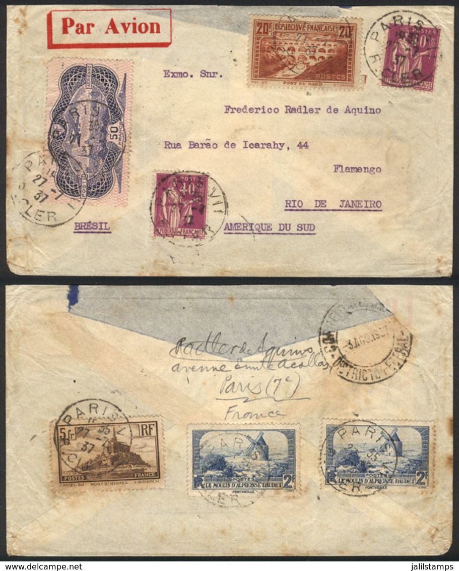 958 FRANCE: Airmail Cover Sent From Paris To Rio De Janeiro On 27/JUL/1937 Franked With 79.80Fr. Including The 50Fr. Bur - Altri & Non Classificati