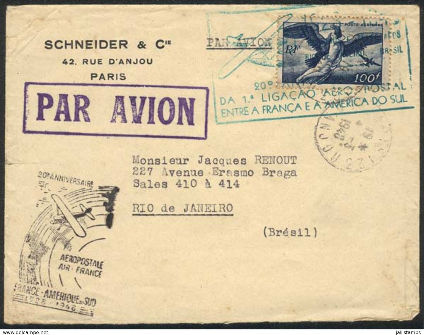 962 FRANCE: Airmail Cover Sent From Paris To Rio De Janeiro On 4/MAR/1948, With Special Cachet Commemorating The 20th An - Altri & Non Classificati