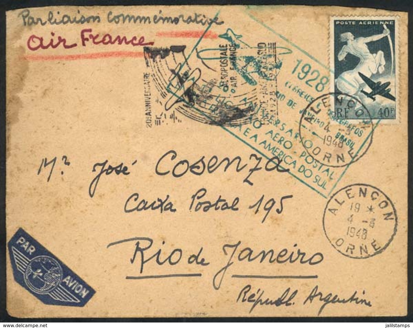 964 FRANCE: 4/MAR/1948 Alençon - Rio De Janeiro (Argentina!!!), Carried On Flight Commemorating The 20th Anniversary Of  - Altri & Non Classificati