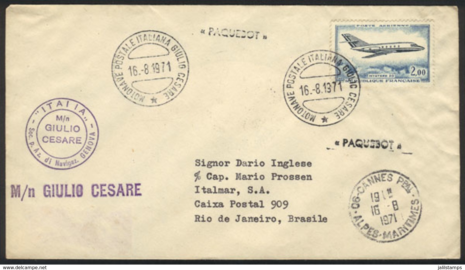 969 FRANCE: Cover Sent To Rio De Janeiro On 16/AU/1971 Franked With 2Fr., With PAQUEBOT Cancel Of "Motonave Italiana Giu - Altri & Non Classificati