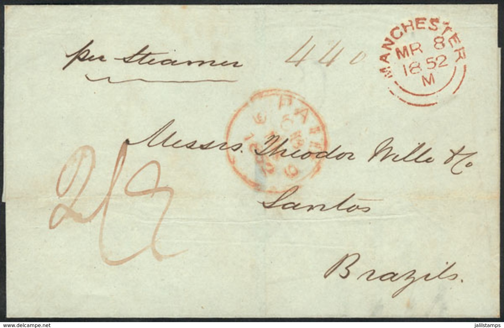 987 GREAT BRITAIN: 8/MAR/1852 Manchester - Santos (Brazil): Folded Cover With Red Datestamp Of Manchester, Another One I - Dienstzegels