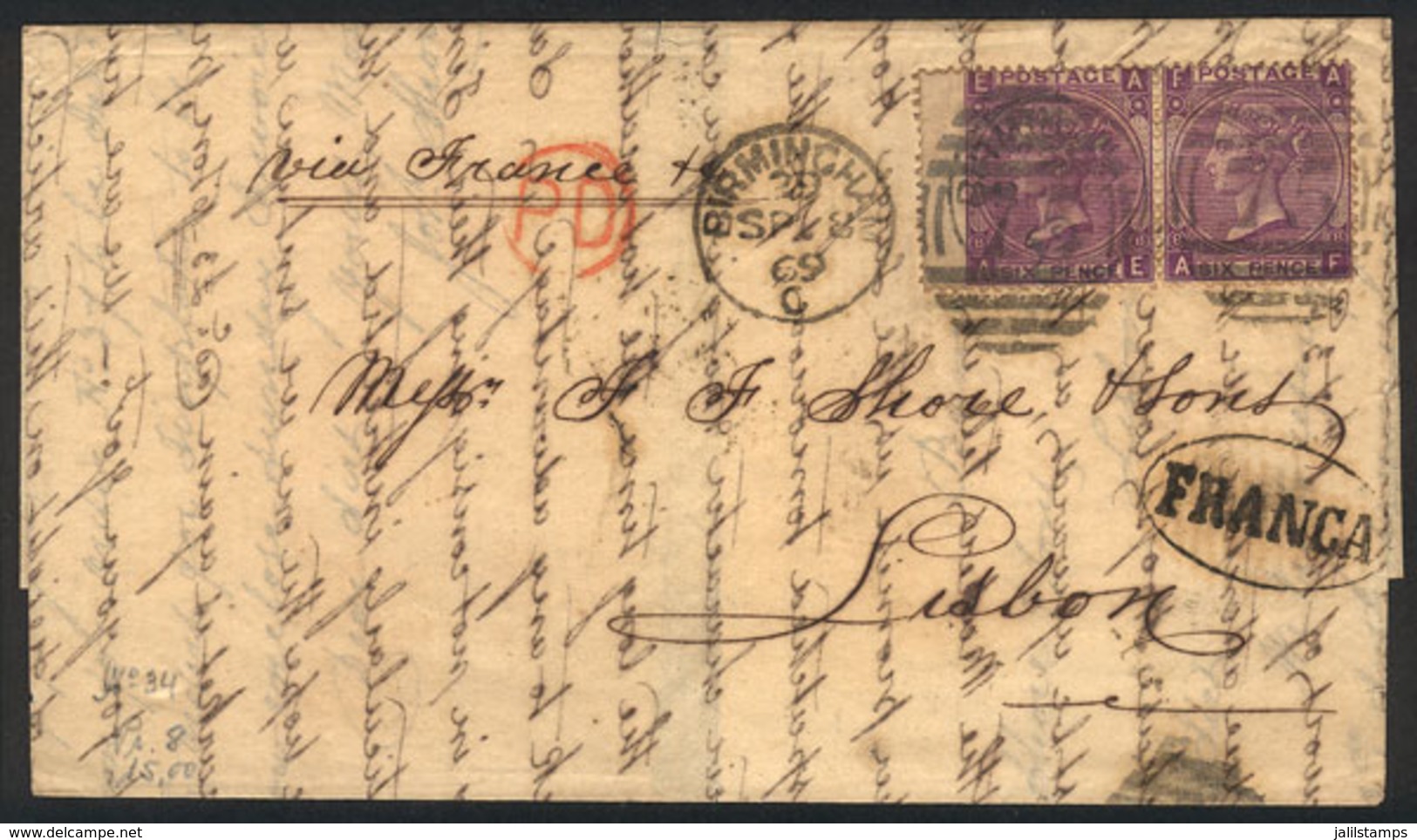 990 GREAT BRITAIN: Entire Letter Sent From Birmingham To Lisboa On 8/SE/1869, Franked With Pair Sc.5a (plate 8), VF Qual - Servizio