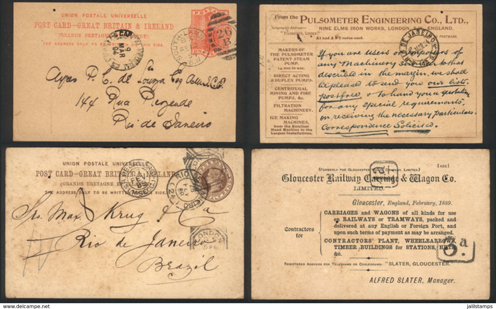 992 GREAT BRITAIN: 2 Postal Cards Sent To Rio De Janeiro In 1889 And 1894, With Interesting Advertising On Back, Minor D - Servizio
