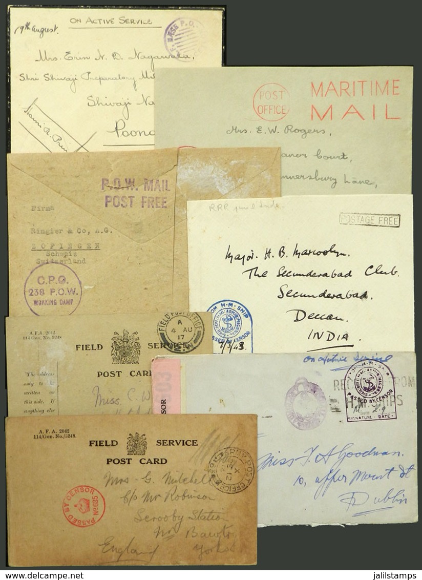 996 GREAT BRITAIN: 7 Covers And Cards Used Between 1917 And 1944 With Military Or POW Mail Free Franks, Most With Minor  - Servizio
