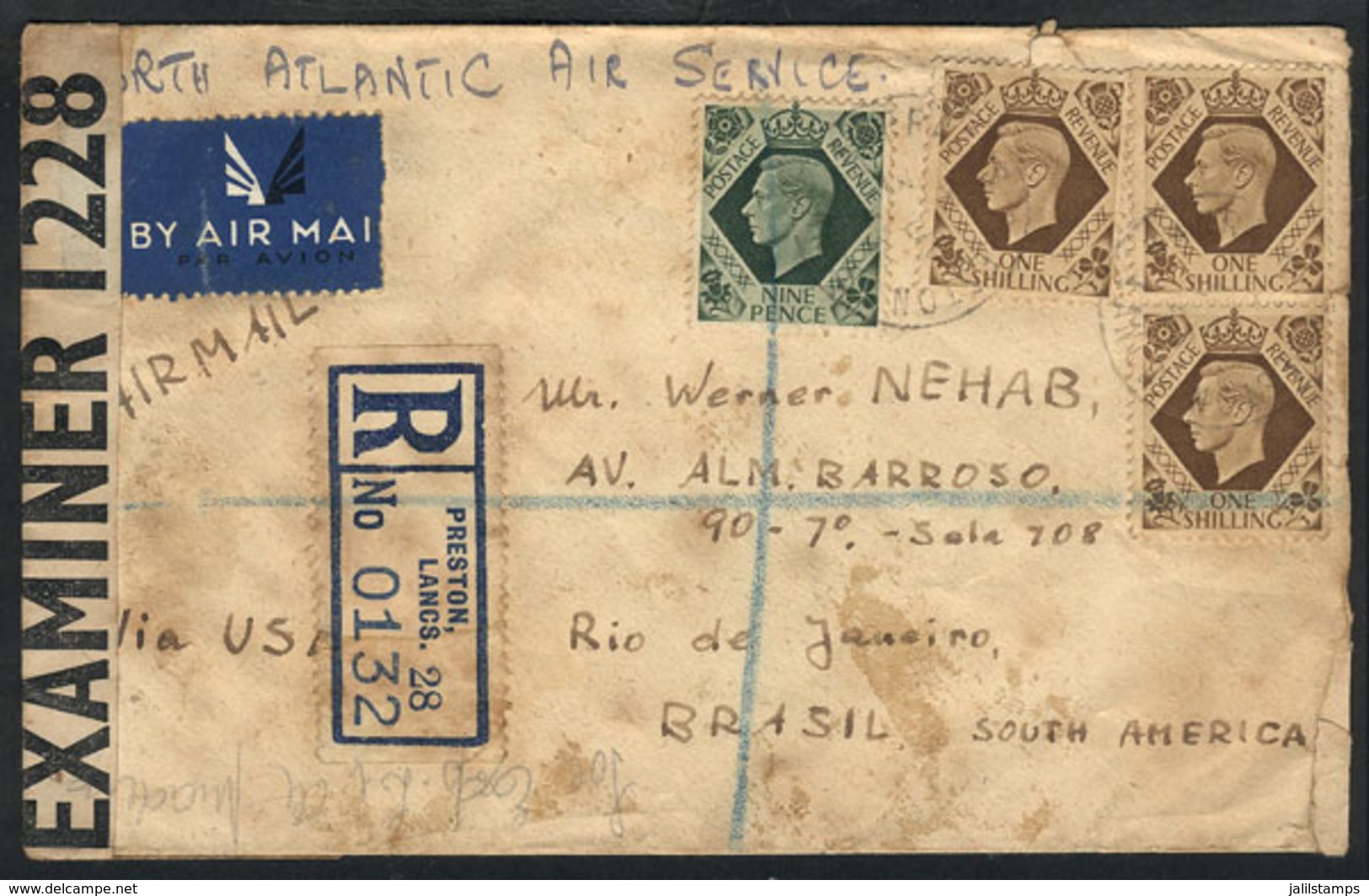 1002 GREAT BRITAIN: Registered Airmail Cover Sent From Preston To Rio De Janeiro On 4/JUL/1943, With Stain Spots But Int - Servizio