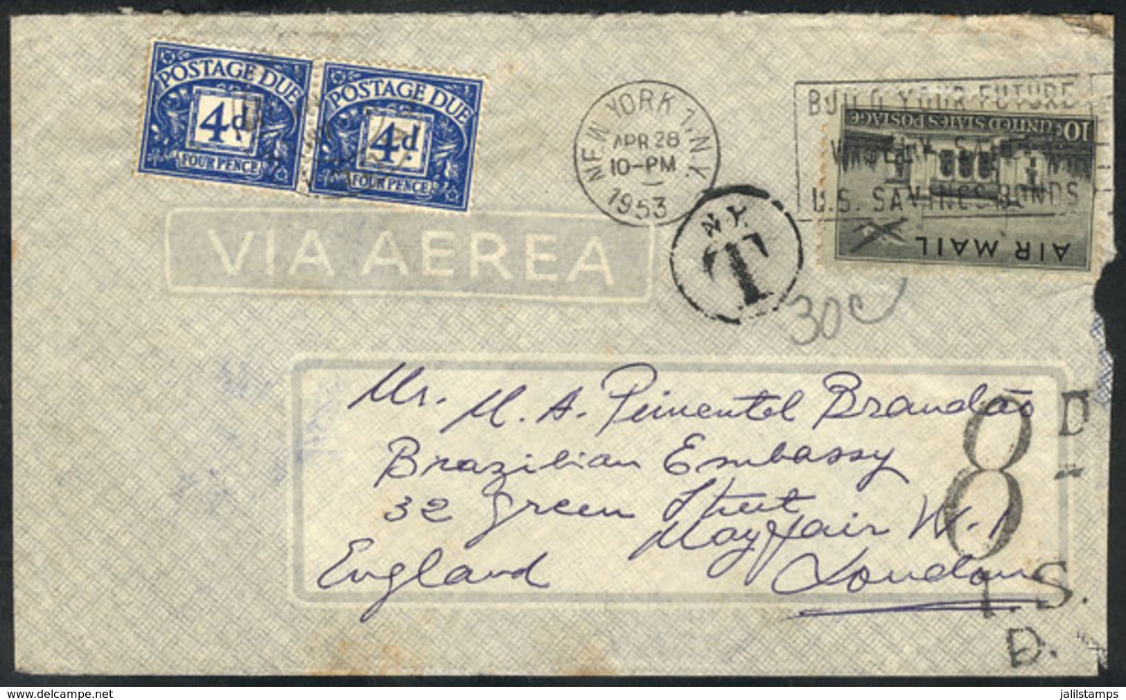 1004 GREAT BRITAIN: Cover Sent From USA On 28/AP/1953 With Insufficient Postage, With British Postage Due Stamps For 8p. - Servizio