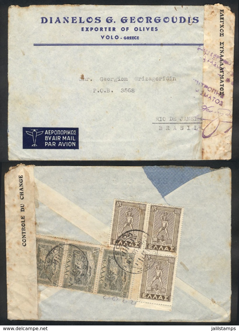 1013 GREECE: Airmail Cover Sent From Volos To Rio De Janeiro On 25/SE/1950 With Nice Postage On Back And Interesting Cen - Otros & Sin Clasificación