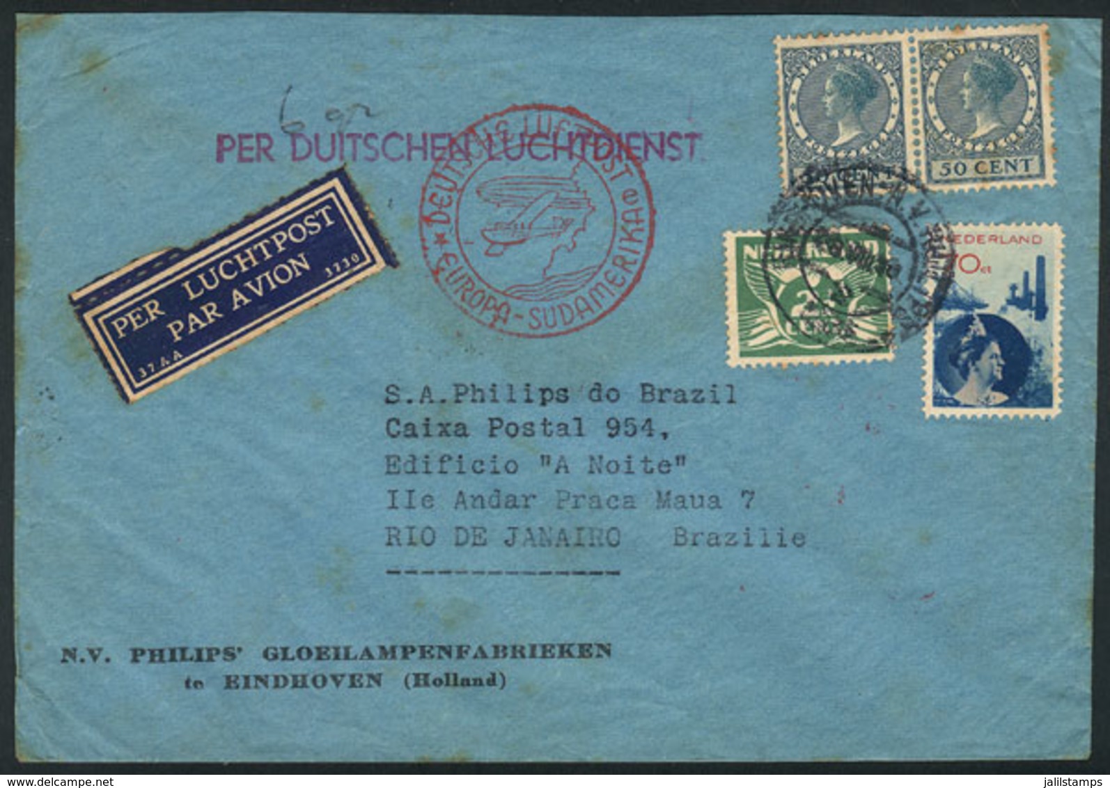 1023 NETHERLANDS: Airmail Cover Sent From Eindhoven To Rio De Janeiro On 28/AU/1935 By Germany DLH, Interesting! - Altri & Non Classificati