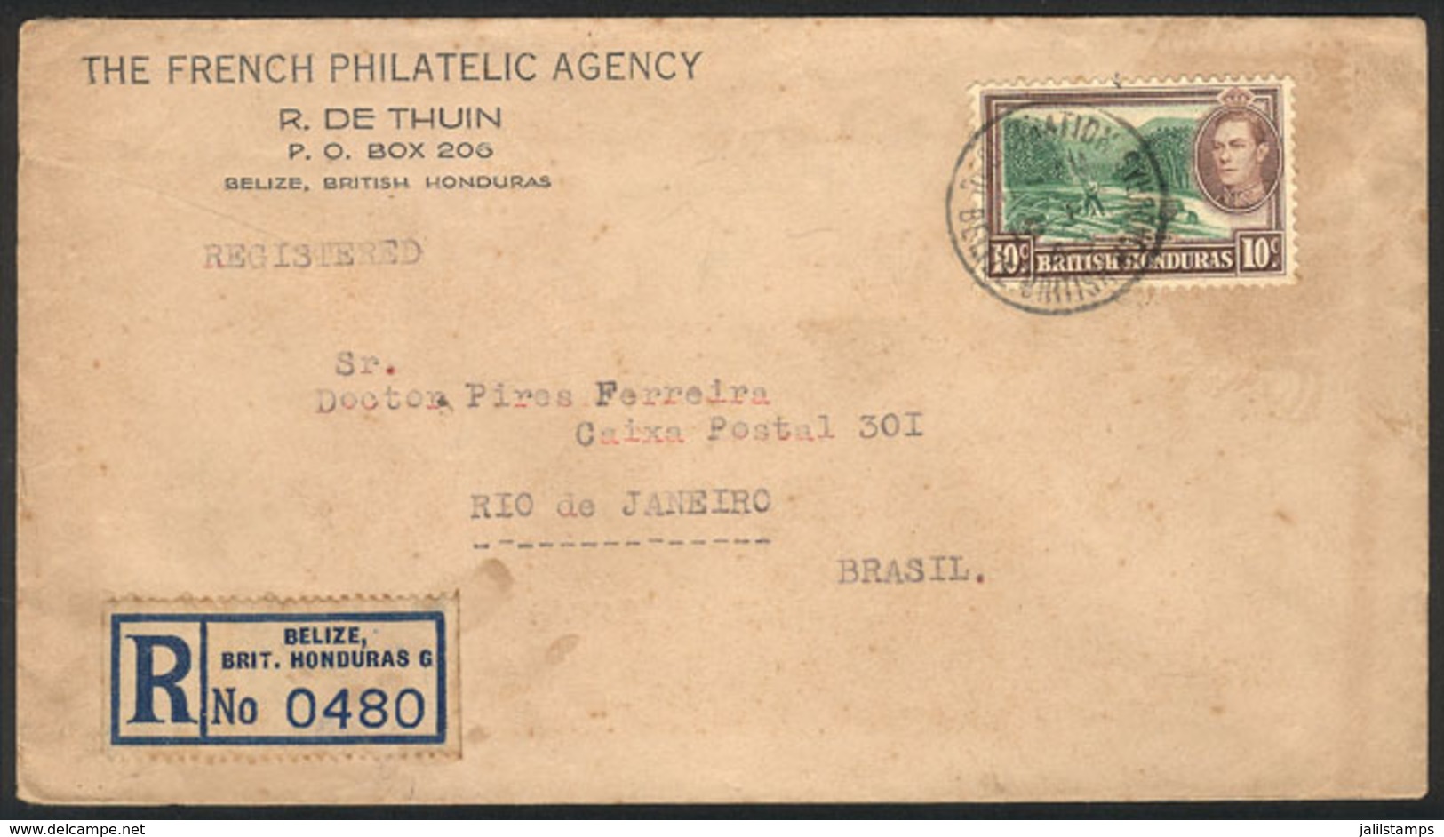 1025 BRITISH HONDURAS: Registered Cover Sent From Belize To Rio De Janeiro On 10/FE/1940, Franked With 10c., Very Nice! - Honduras Britannico (...-1970)