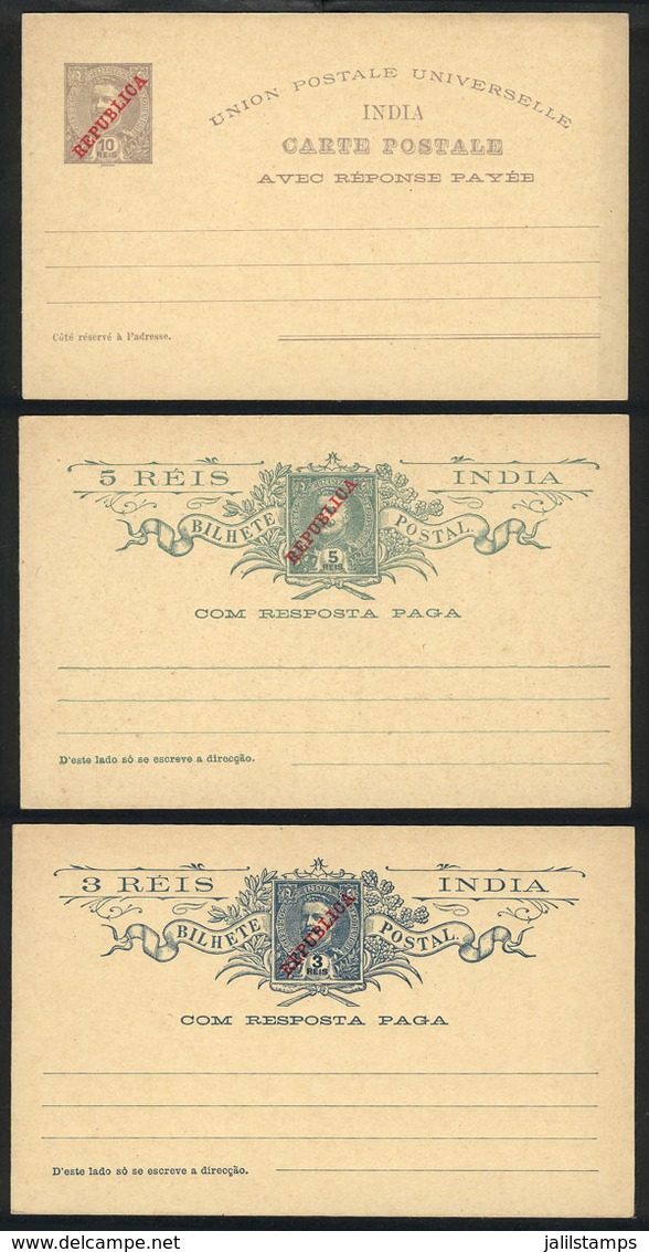 1037 PORTUGUESE INDIA: Set Of 3 Postal Cards With Reply Paid Of 1911, Unused, Excellent Quality! - India Portoghese