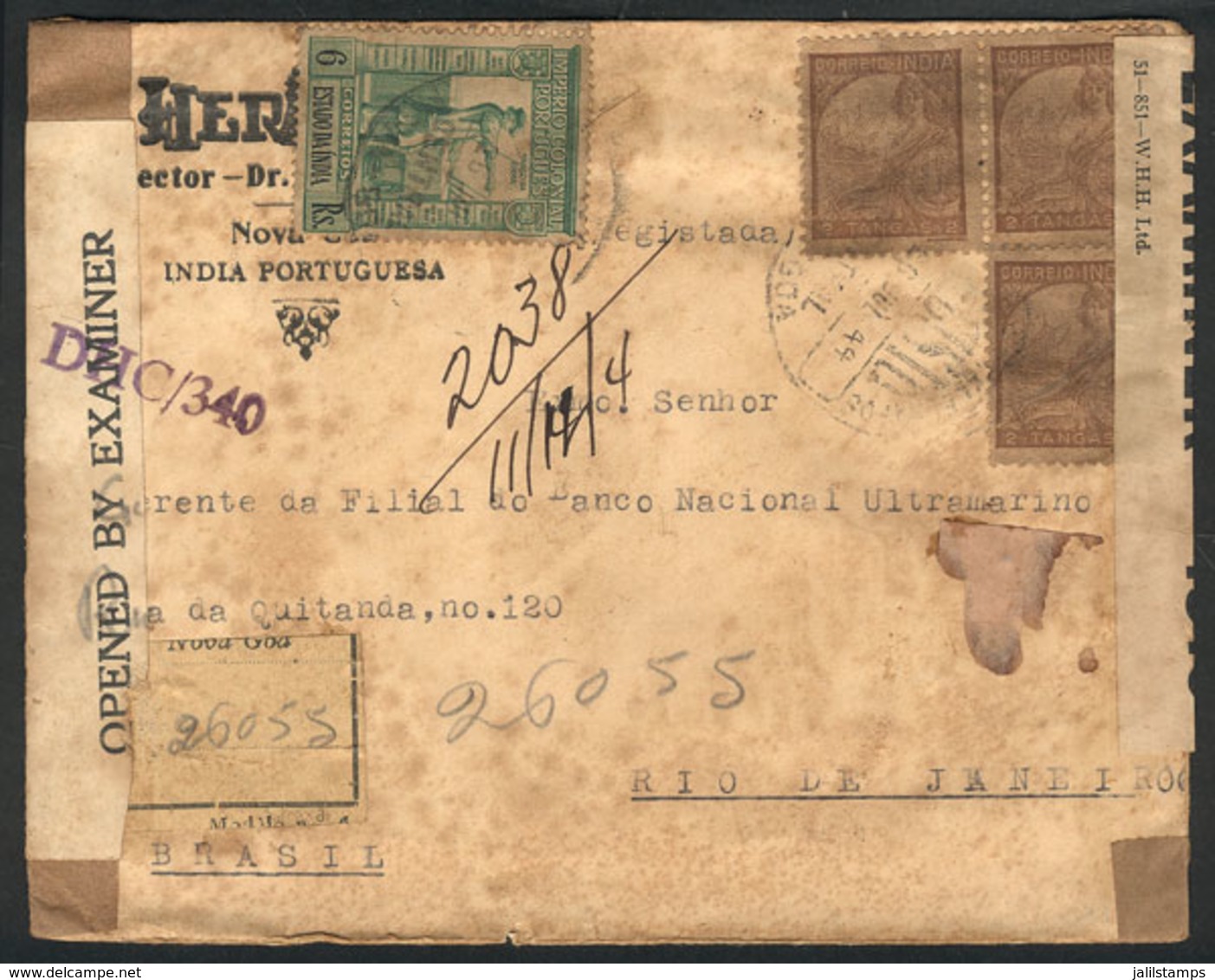 1042 PORTUGUESE INDIA: Registered Cover Sent From NOVA GOA To Rio De Janeiro (Brazil) On 26/JUL/1944, Double Censorship, - India Portoghese