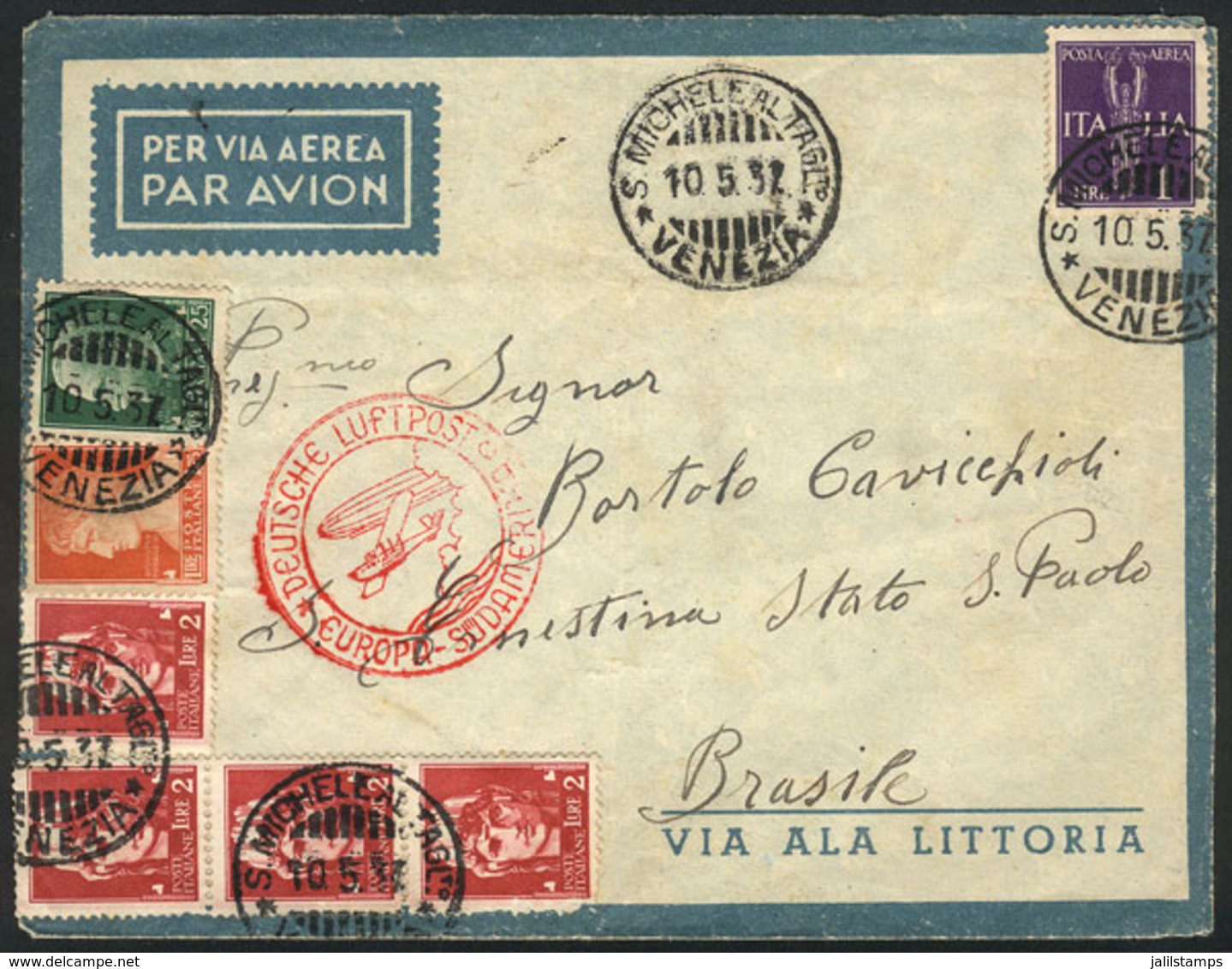 1057 ITALY: Airmail Cover Sent From S. Michele Al Tagliamento To Brasil On 10/MAY/1937, With Nice Postage Of 11L., VF Qu - Zonder Classificatie