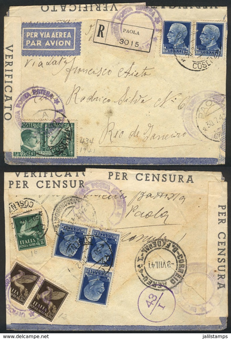 1059 ITALY: Registered Airmail Cover Sent From Paola To Rio De Janeiro On 30/JUL/1941 Franked With 12.50L., Interesting  - Unclassified