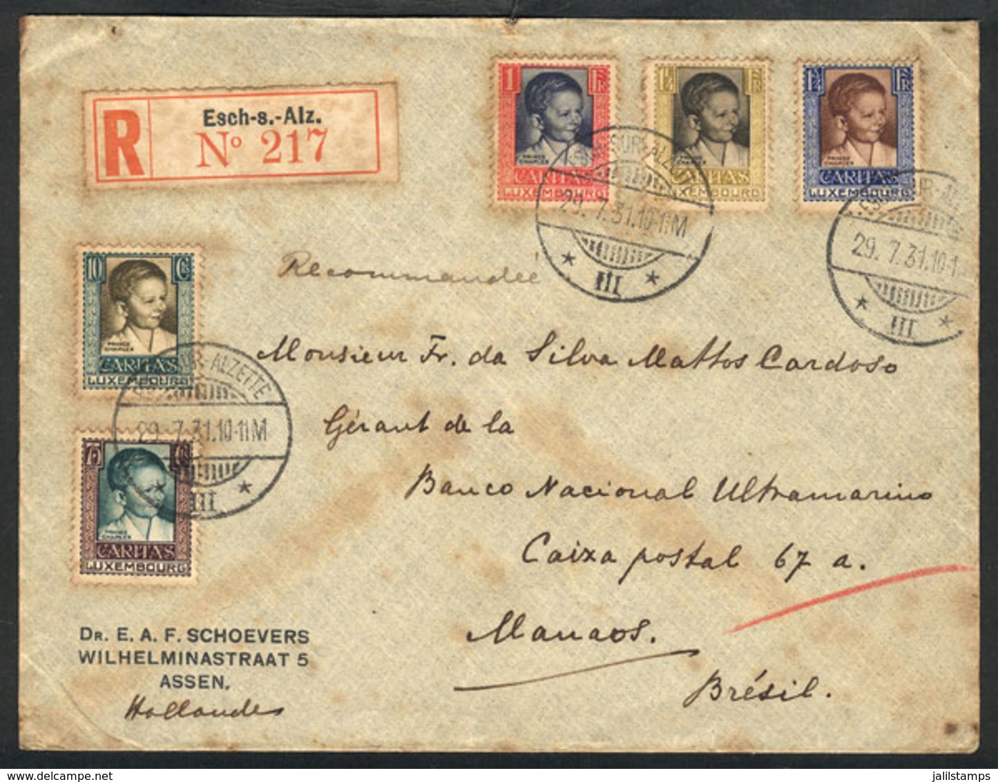 1079 LUXEMBOURG: 29/JUL/1931 Esch-Sur-Alzette - Brazil: Registered Cover Franked By The Set Sc.B40/44 (US$68+ Used), Arr - Sonstige & Ohne Zuordnung