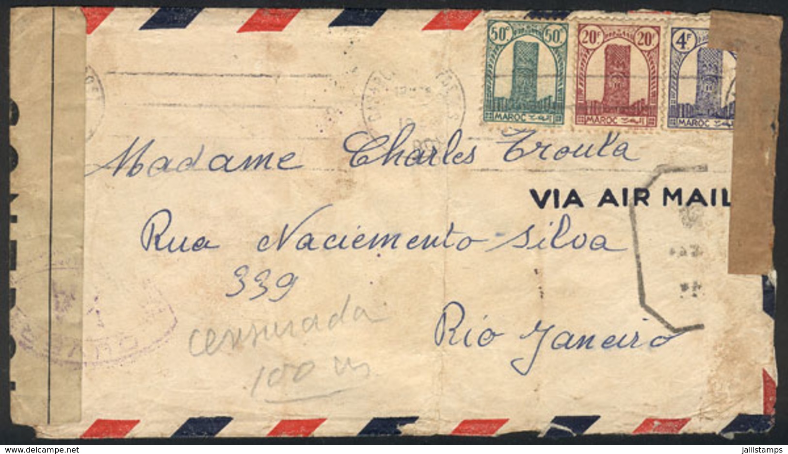 1084 MOROCCO: Airmail Cover Sent From Casablanca To Rio De Janeiro In 1943, Double Censorship, Minor Defects, Rare Desti - Marocco (1956-...)