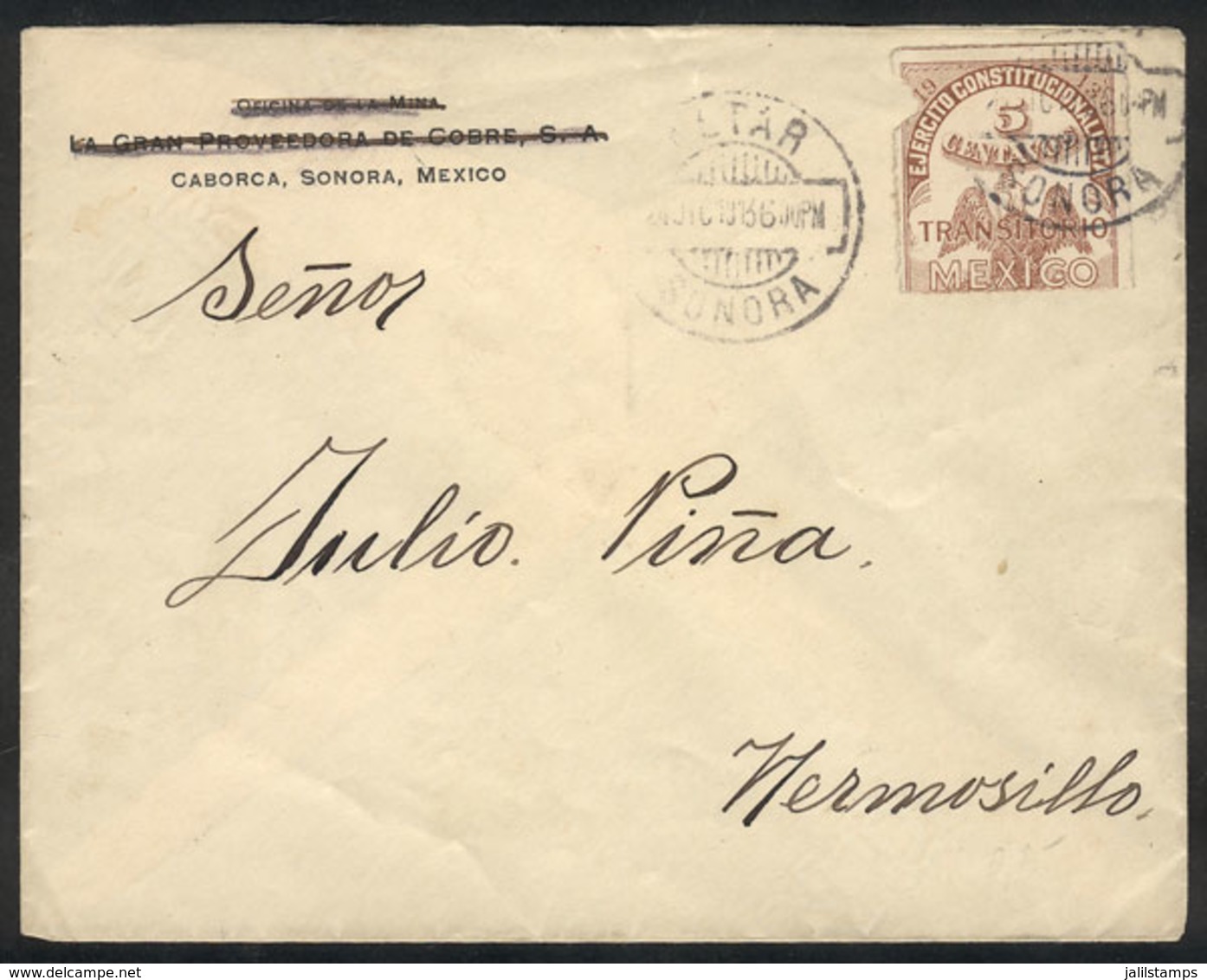 1088 MEXICO: Cover Sent From Sonora To Hermosillo On 24/DE/1913, Franked With Revenue Stamp Of 5c. (defective), Interest - Mexico