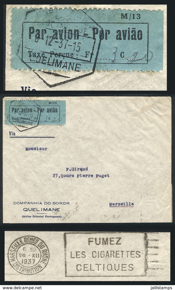 1090 MOZAMBIQUE: 8/DE/1937 Quelimane - France: Airmail Cover Franked With Provisional Label, And Arrival Backstamp Of Ma - Mozambique