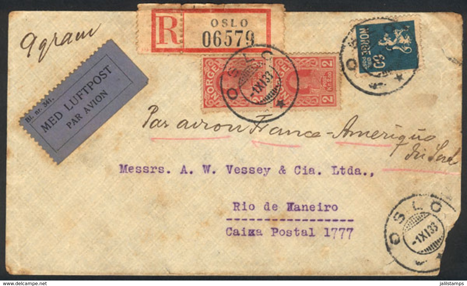 1094 NORWAY: Registered Airmail Cover Sent From Oslo To Rio De Janeiro On 1/NO/1933, Nice Postage, Unusual Destination! - Sonstige & Ohne Zuordnung