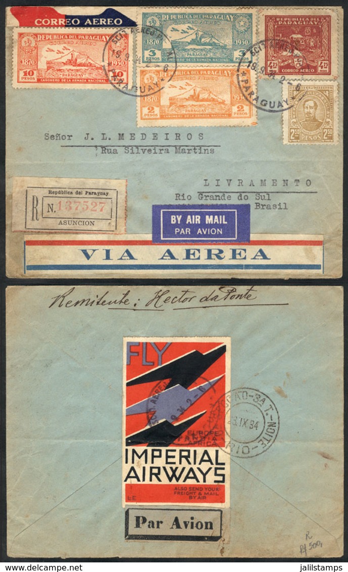 1100 PARAGUAY: Registered Airmail Cover Sent From Asunción To Livramento (Brazil) On 19/SE/1934 With Nice Multicolored P - Paraguay